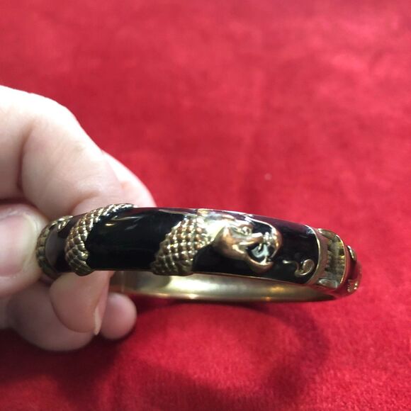 Vintage Black Enamel Hinged Bangle Bracelet Gold Tone Serpent Design by BTF - Picture 2 of 8